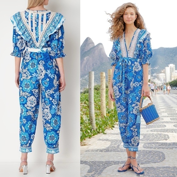 FARM RIO Linen Floral Paisley Puff Sleeve Ruffle Lace V-Neck Tie Belt Jumpsuit S - Picture 5 of 16